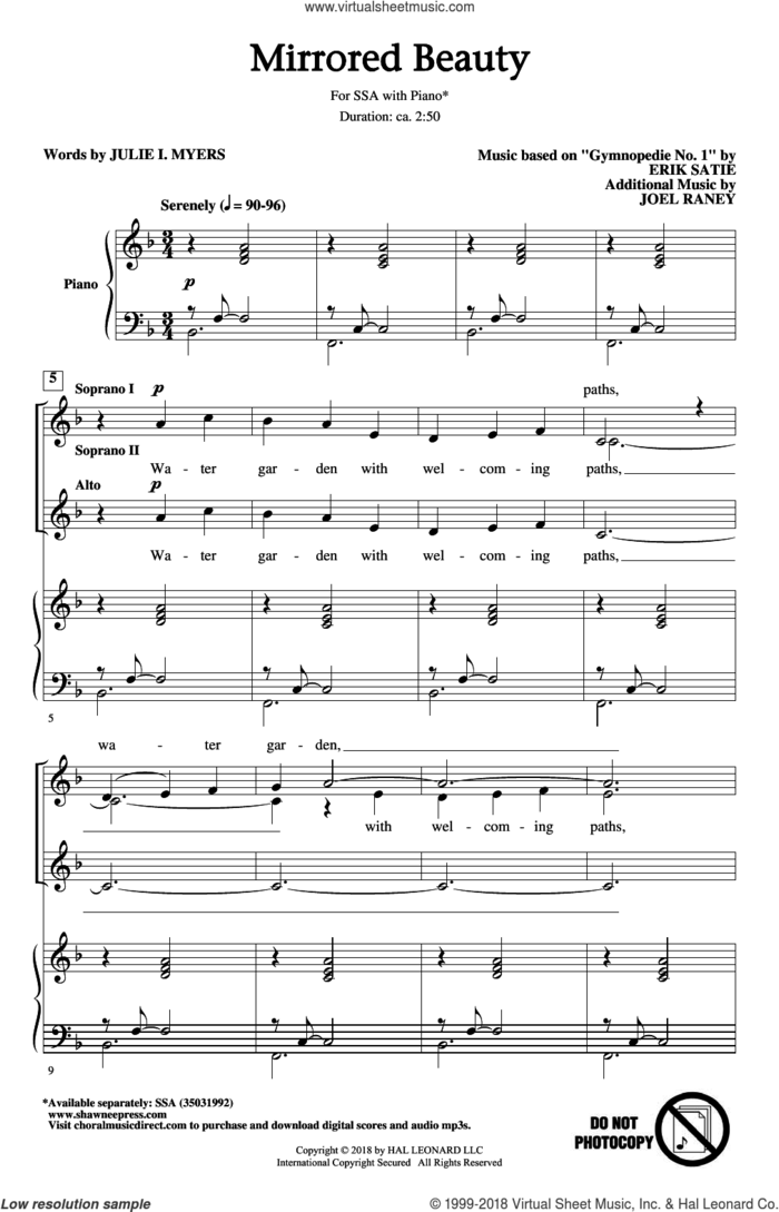 Mirrored Beauty sheet music for choir (SSA: soprano, alto) by Erik Satie, Joel Raney and Julie I. Myers, intermediate skill level