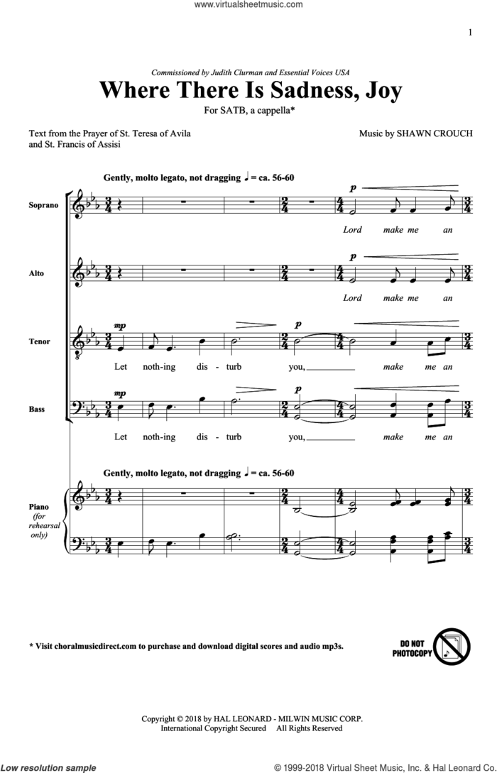 Where There Is Sadness, Joy sheet music for choir (SATB: soprano, alto, tenor, bass) by Shawn Crouch and Prayer of St. Teresa of Avila, intermediate skill level