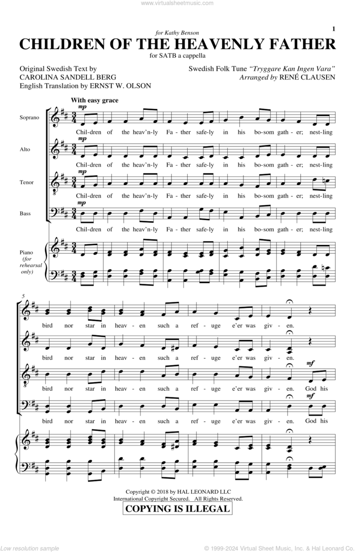 Children Of The Heavenly Father sheet music for choir (SATB: soprano, alto, tenor, bass) by Rene Clausen, Carolina Sandell Berg, Ernst W. Olson and Swedish Folk Tune, intermediate skill level