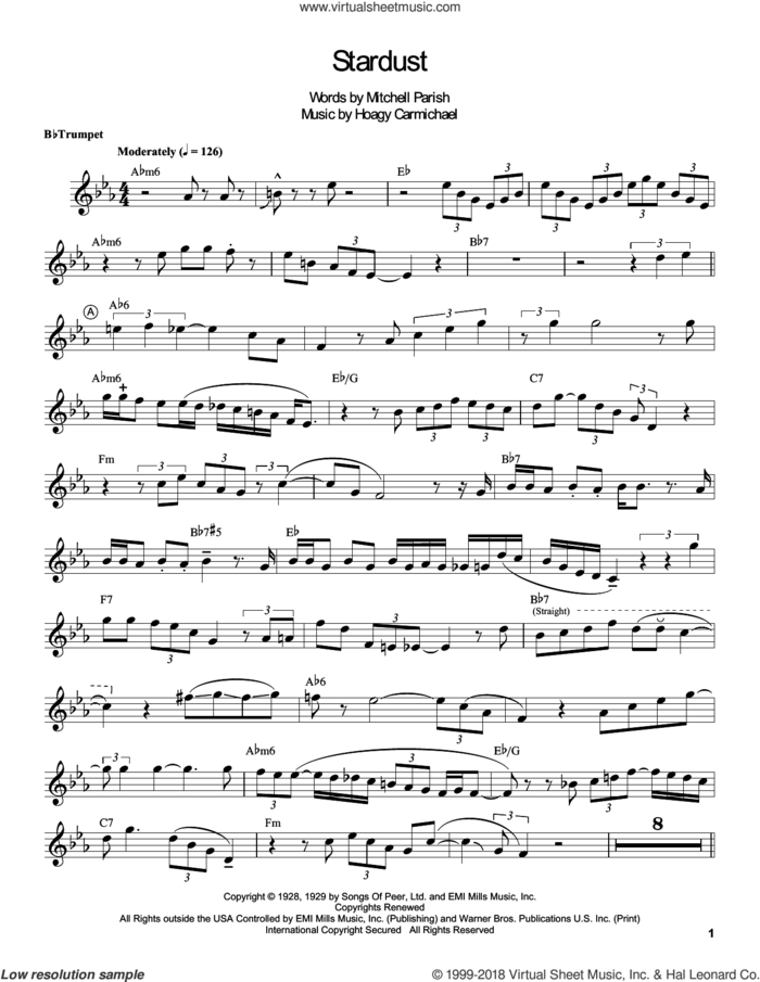 Stardust sheet music for alto saxophone (transcription) by Louis Armstrong, Artie Shaw, Hoagy Carmichael and Mitchell Parish, intermediate skill level