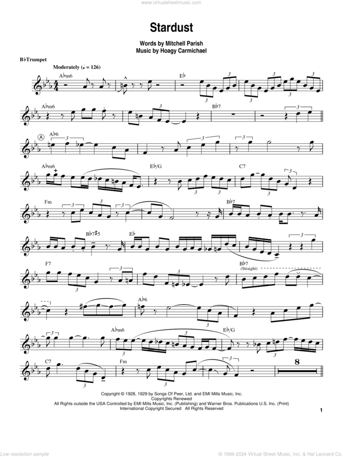 Stardust sheet music for alto saxophone (transcription) by Louis Armstrong, Artie Shaw, Hoagy Carmichael and Mitchell Parish, intermediate skill level