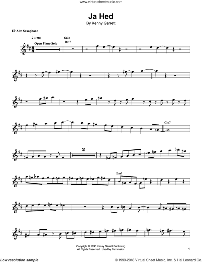 Ja-Hed sheet music for alto saxophone (transcription) by Kenny Garrett, intermediate skill level