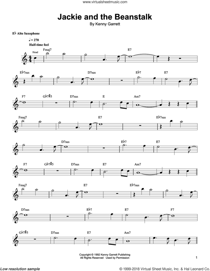 Jackie And The Beanstalk sheet music for alto saxophone (transcription) by Kenny Garrett, intermediate skill level