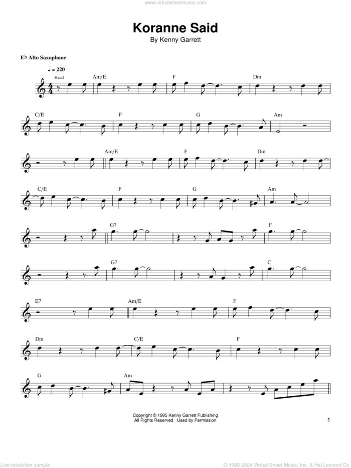 Koranne Said sheet music for alto saxophone (transcription) by Kenny Garrett, intermediate skill level