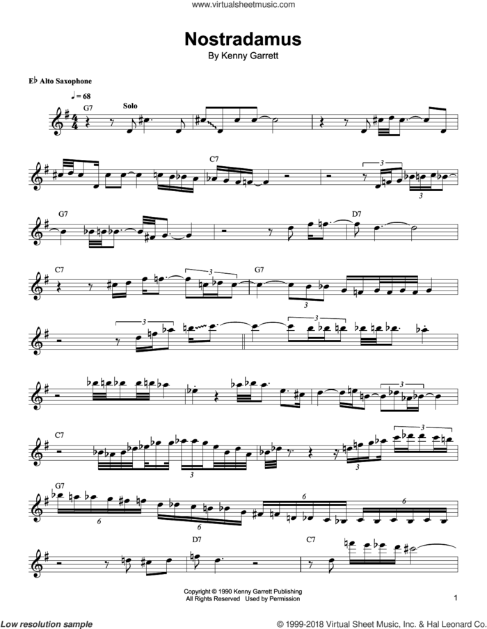 Nostradamus sheet music for alto saxophone (transcription) by Kenny Garrett, intermediate skill level