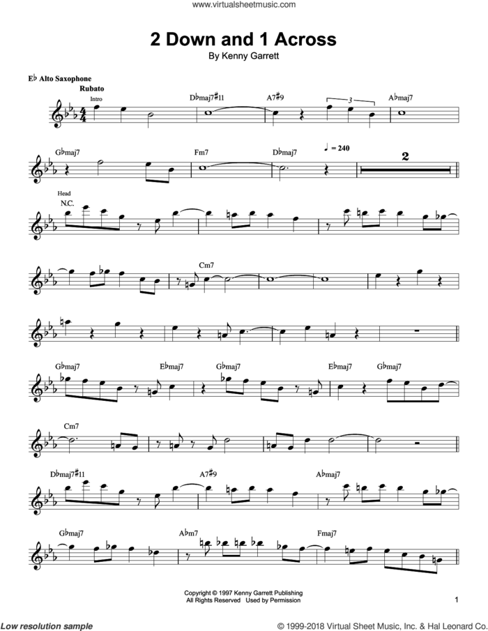 2 Down And 1 Across sheet music for alto saxophone (transcription) by Kenny Garrett, intermediate skill level