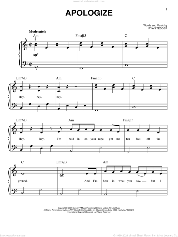 Apologize, (beginner) sheet music for piano solo by Timbaland featuring OneRepublic and Ryan Tedder, beginner skill level