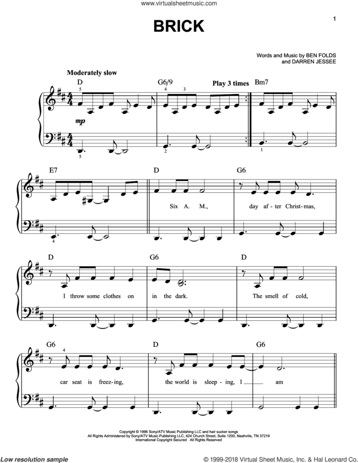Brick sheet music for piano solo by Ben Folds Five, Ben Folds and Darren Jessee, beginner skill level