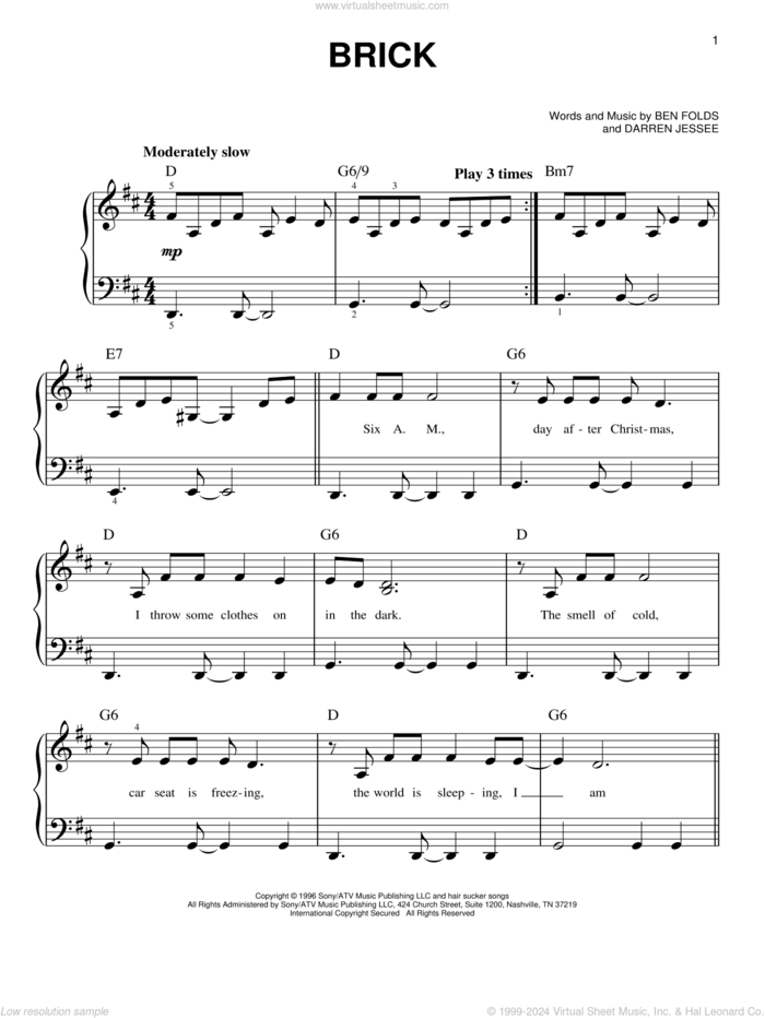 Brick sheet music for piano solo by Ben Folds Five, Ben Folds and Darren Jessee, beginner skill level