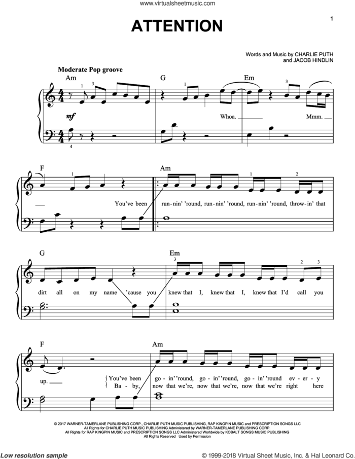 Attention sheet music for piano solo by Charlie Puth and Jacob Hindlin, beginner skill level