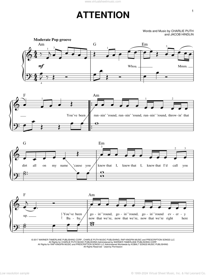 Attention sheet music for piano solo by Charlie Puth and Jacob Hindlin, beginner skill level