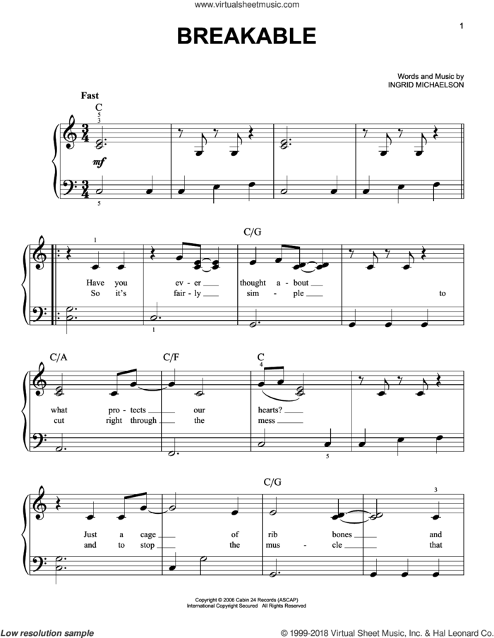 Breakable sheet music for piano solo by Ingrid Michaelson, beginner skill level
