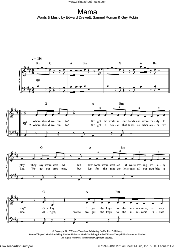 Mama (featuring William Singe) sheet music for piano solo by Jonas Blue, William Singe, Edward Drewett, Guy Robin and Samuel Roman, easy skill level