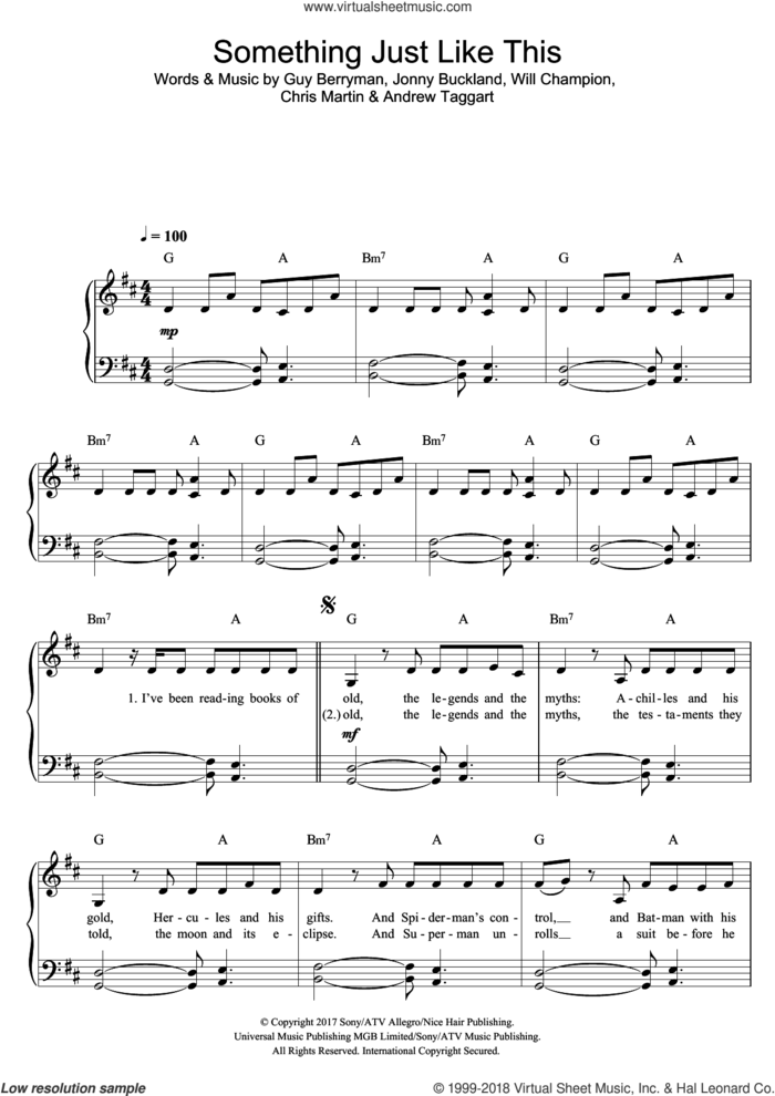 Something Just Like This (Tokyo Remix) sheet music for piano solo by Coldplay, The Chainsmokers, Andrew Taggart, Chris Martin, Guy Berryman, Jonathan Buckland and William Champion, easy skill level