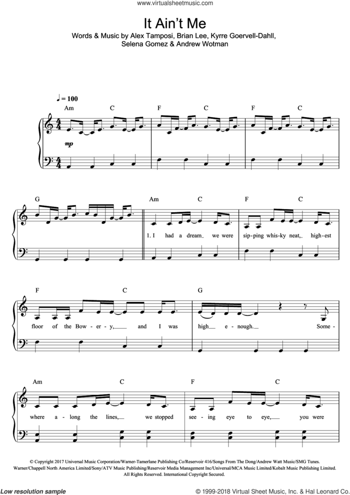 It Ain't Me sheet music for piano solo by Selena Gomez, Kygo, Alex Tamposi, Andrew Wotman, Brian Lee and Kyrre Goervell-Dahll, easy skill level