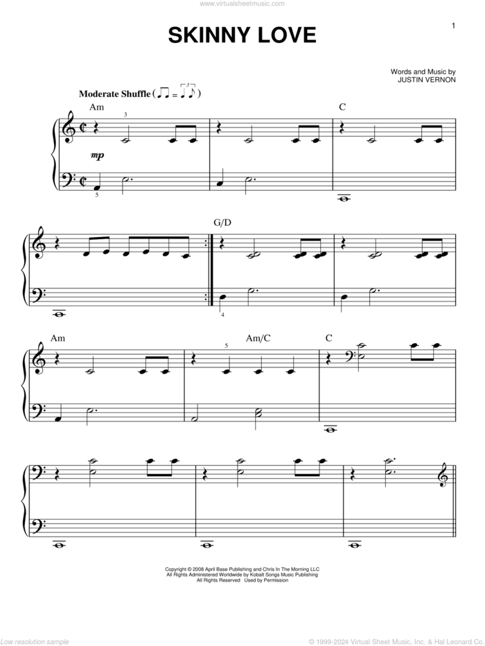 Skinny Love sheet music for piano solo by Bon Iver and Justin Vernon, beginner skill level