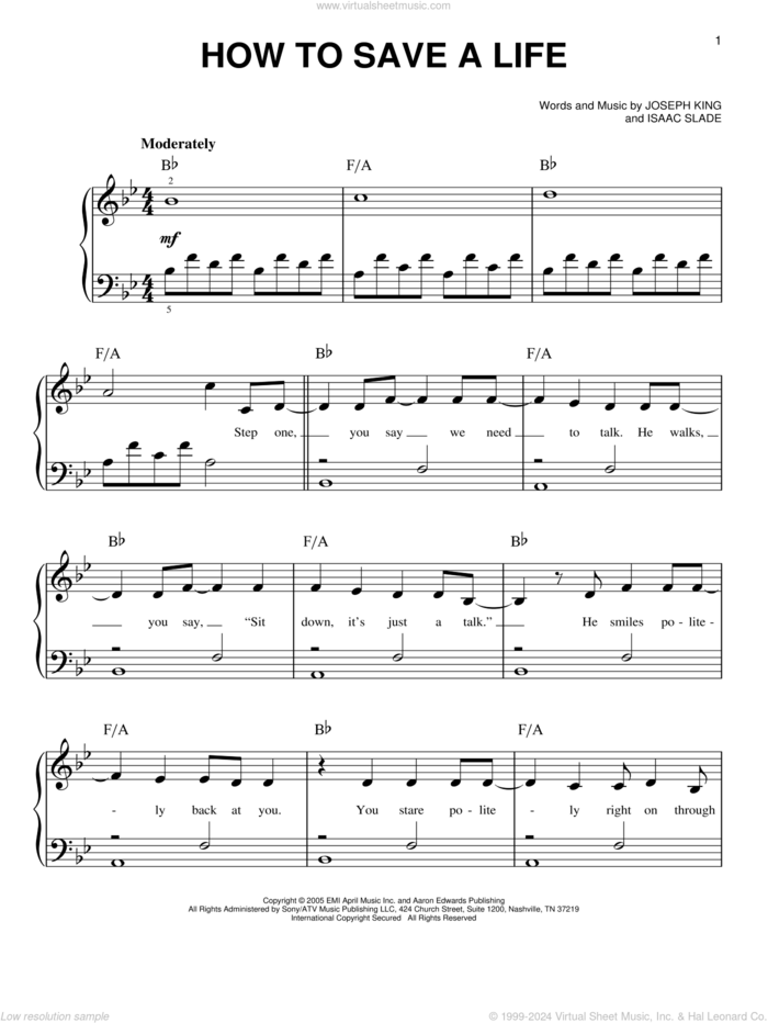 How To Save A Life sheet music for piano solo by The Fray, Isaac Slade and Joseph King, beginner skill level