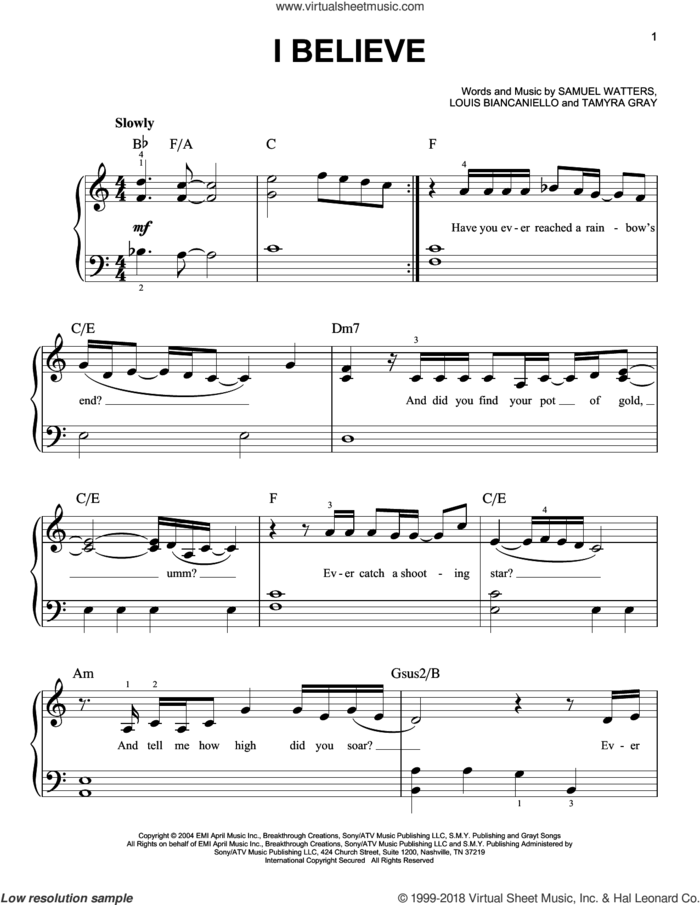 I Believe sheet music for piano solo by Fantasia, Louis Biancaniello, Sam Watters and Tamyra Gray, beginner skill level