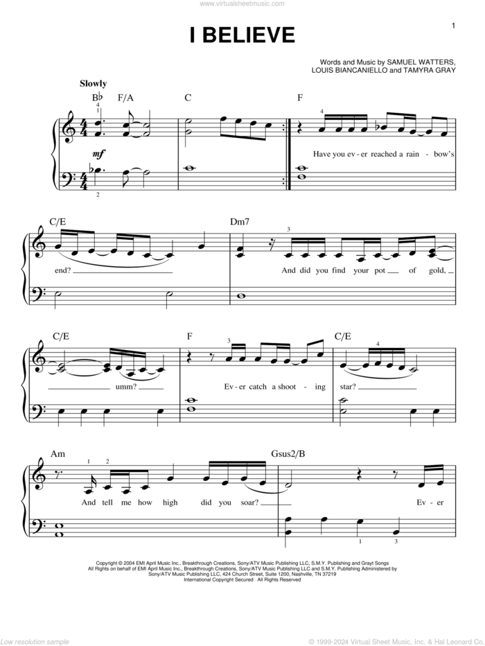 I Believe sheet music for piano solo by Fantasia, Louis Biancaniello, Sam Watters and Tamyra Gray, beginner skill level