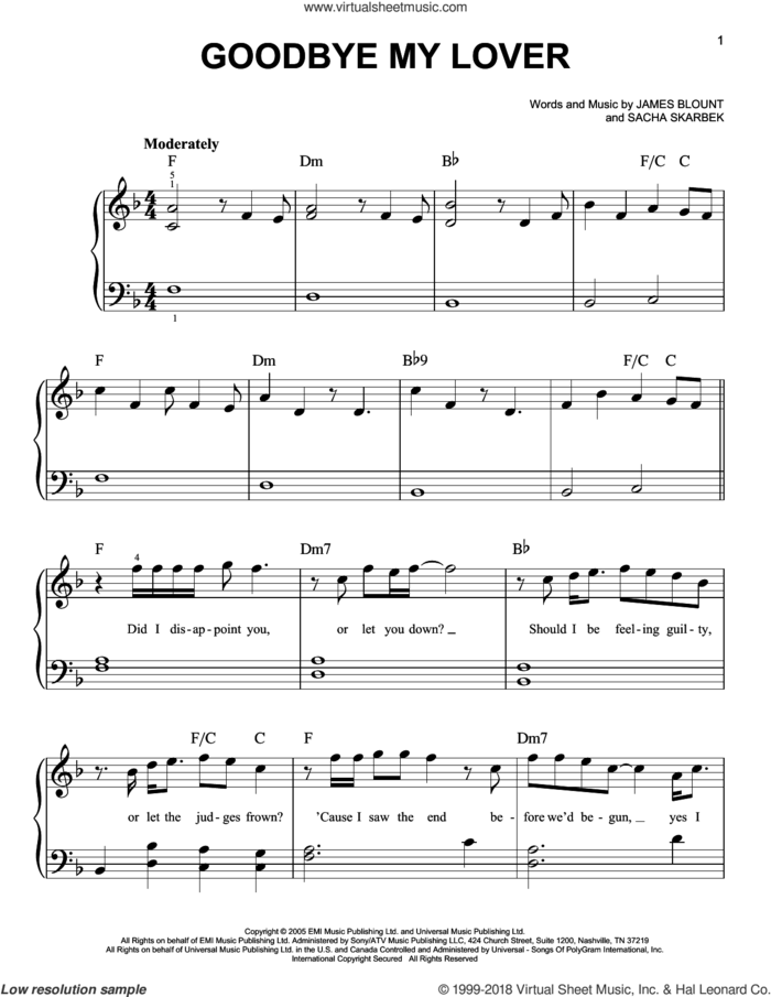 Goodbye My Lover sheet music for piano solo by James Blunt, James Blount and Sacha Skarbek, beginner skill level