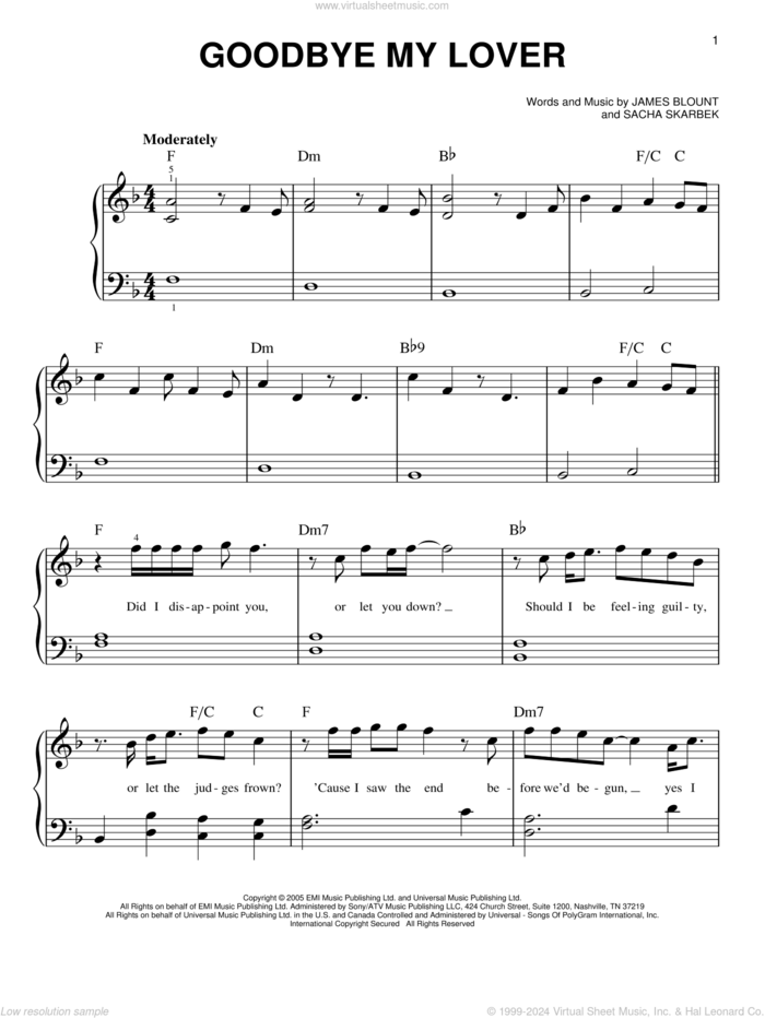 Goodbye My Lover sheet music for piano solo by James Blunt, James Blount and Sacha Skarbek, beginner skill level