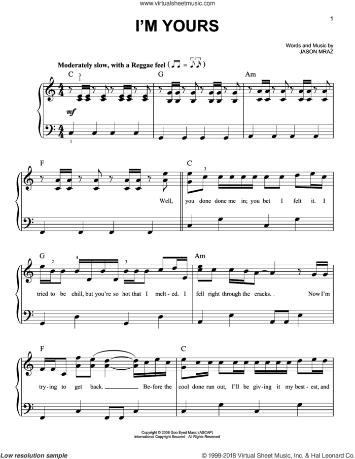 I'm Yours sheet music for piano solo by Jason Mraz, beginner skill level