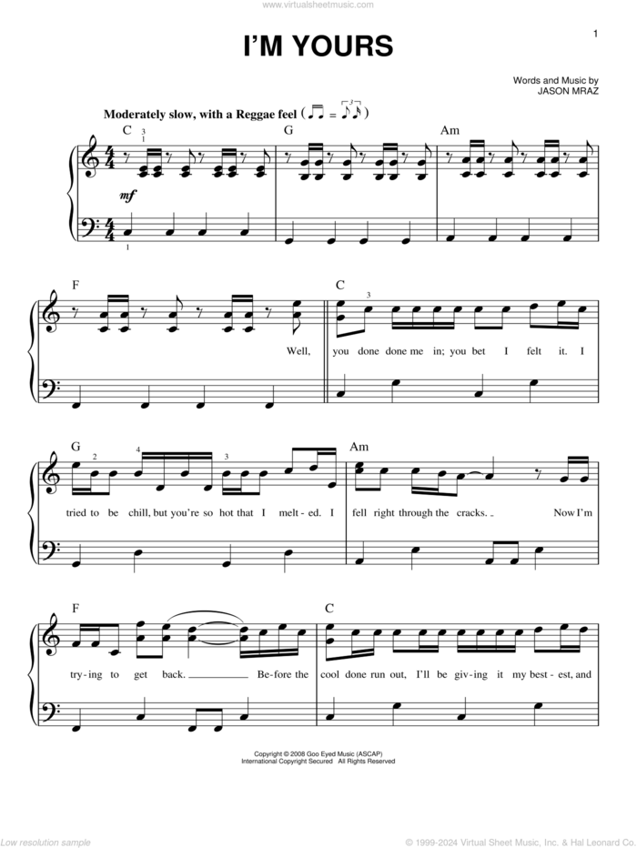 I'm Yours sheet music for piano solo by Jason Mraz, wedding score, beginner skill level