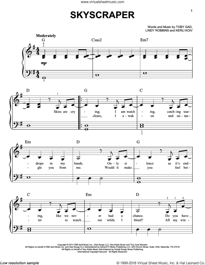 Skyscraper sheet music for piano solo by Demi Lovato, Kerli Koiv, Lindy Robbins and Toby Gad, beginner skill level