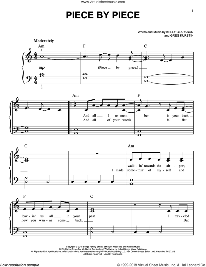 Piece By Piece sheet music for piano solo by Kelly Clarkson and Greg Kurstin, beginner skill level