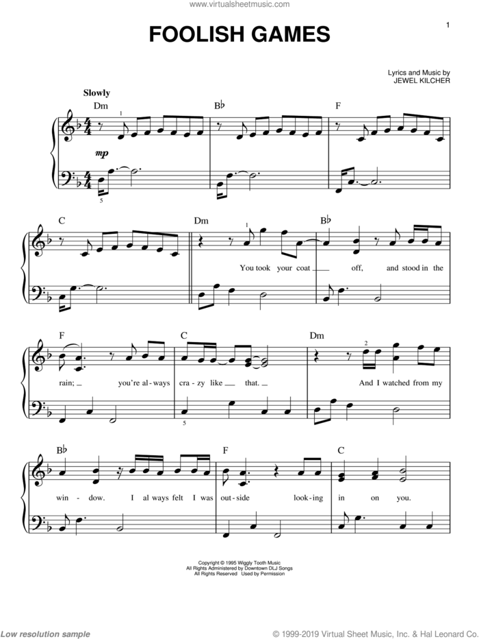 Foolish Games sheet music for piano solo by Jewel and Jewel Kilcher, beginner skill level