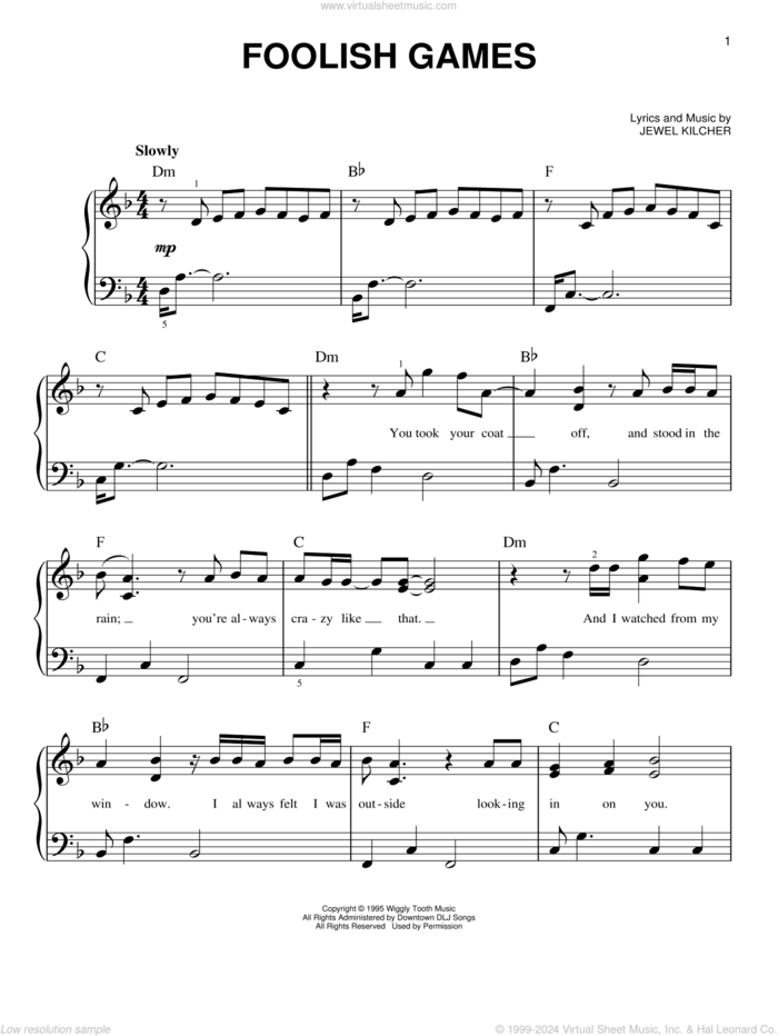 Foolish Games sheet music for piano solo by Jewel and Jewel Kilcher, beginner skill level