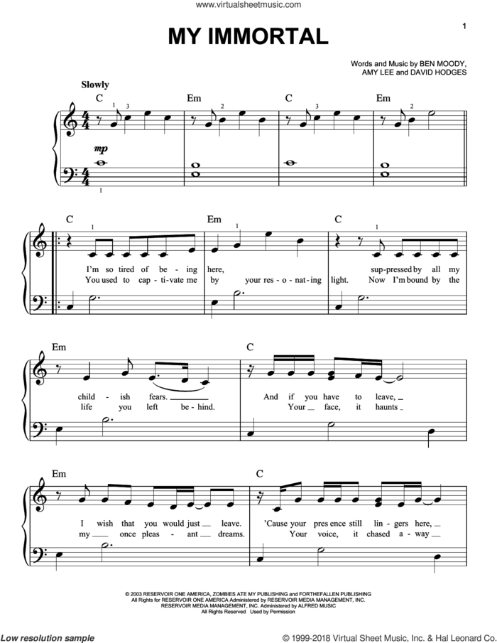 My Immortal sheet music for piano solo by Evanescence, Amy Lee, Ben Moody and David Hodges, beginner skill level
