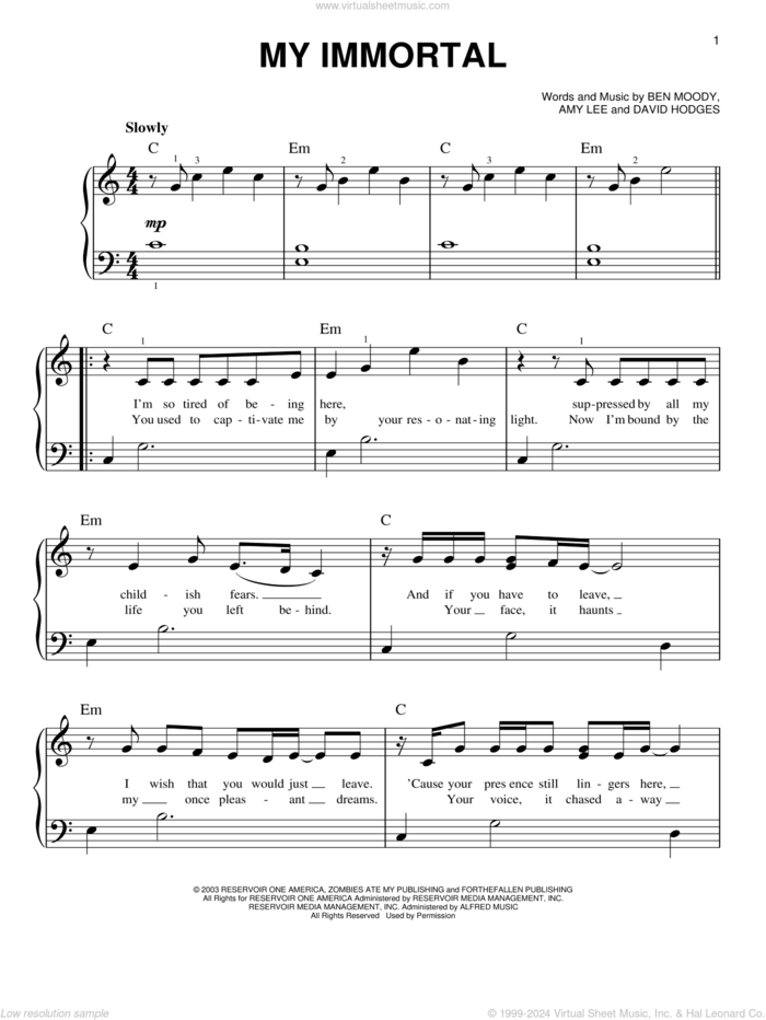 My Immortal sheet music for piano solo by Evanescence, Amy Lee, Ben Moody and David Hodges, beginner skill level