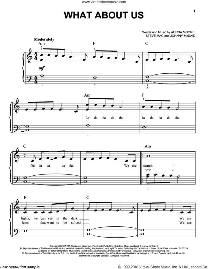 What About Us, (beginner) sheet music for piano solo by Steve Mac, Miscellaneous, Alecia Moore and Johnny McDaid, beginner skill level