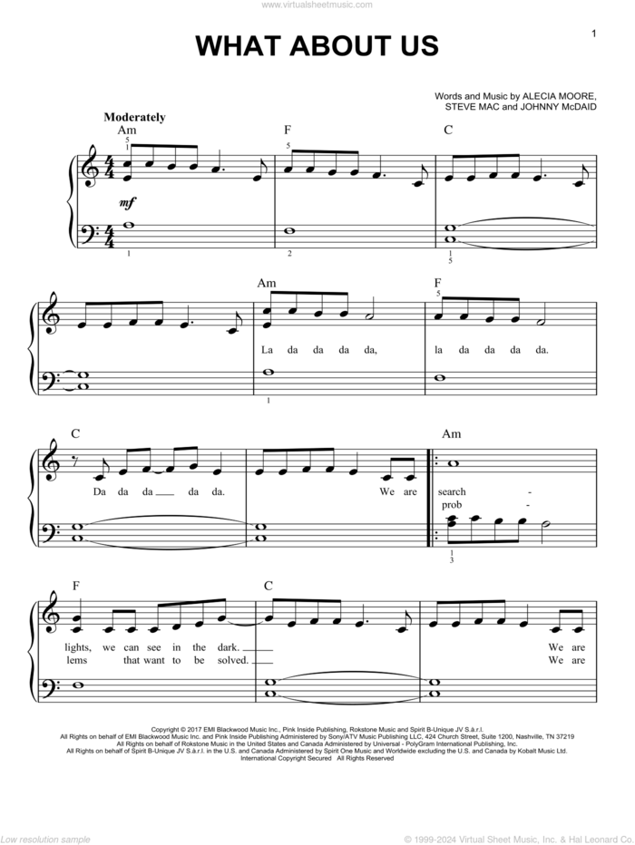 What About Us, (beginner) sheet music for piano solo by Steve Mac, Miscellaneous, P!nk, Alecia Moore and Johnny McDaid, beginner skill level