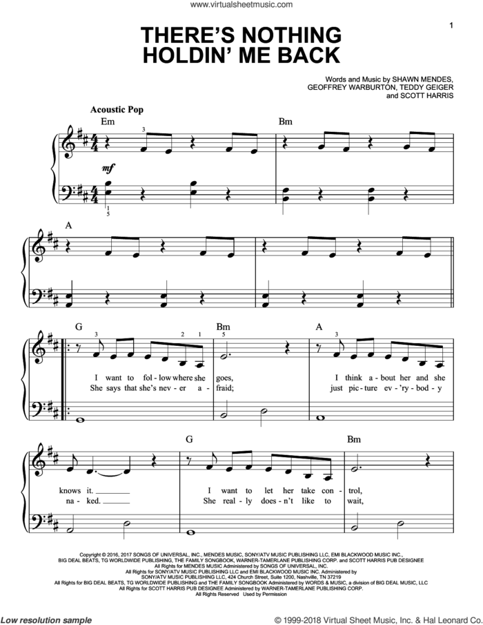 There's Nothing Holdin' Me Back sheet music for piano solo by Shawn Mendes, Geoffrey Warburton, Scott Harris and Teddy Geiger, beginner skill level