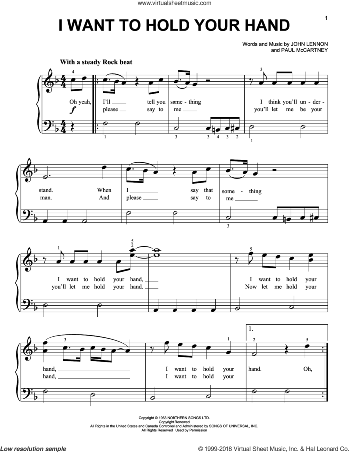I Want To Hold Your Hand sheet music for piano solo by The Beatles, John Lennon and Paul McCartney, beginner skill level