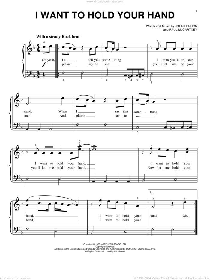 I Want To Hold Your Hand sheet music for piano solo by The Beatles, John Lennon and Paul McCartney, beginner skill level