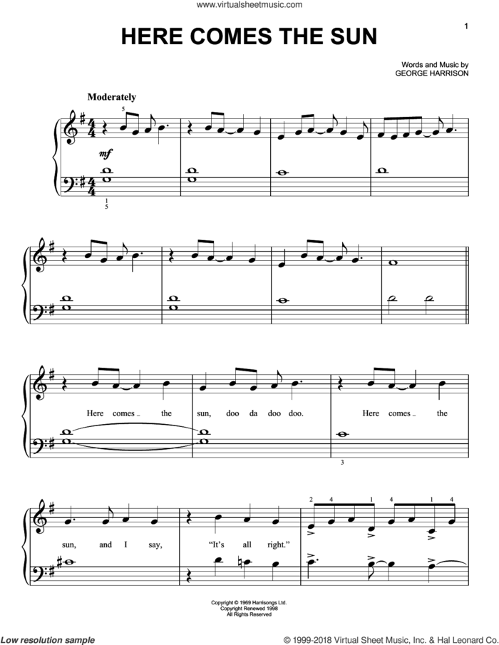 Here Comes The Sun sheet music for piano solo by The Beatles and George Harrison, beginner skill level