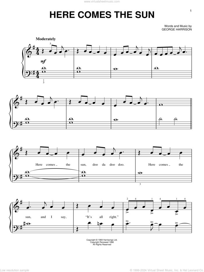 Here Comes The Sun sheet music for piano solo by The Beatles and George Harrison, beginner skill level