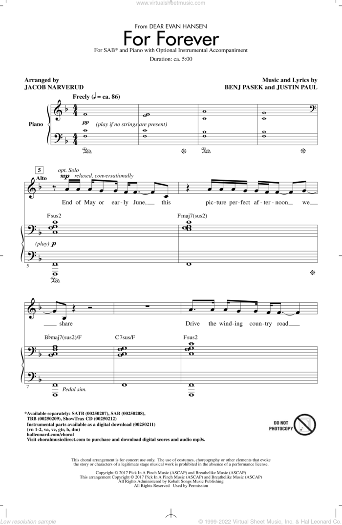 For Forever (from Dear Evan Hansen) (arr. Jacob Narverud) sheet music for choir (SAB: soprano, alto, bass) by Jacob Narverud, Pasek & Paul, Benj Pasek and Justin Paul, intermediate skill level