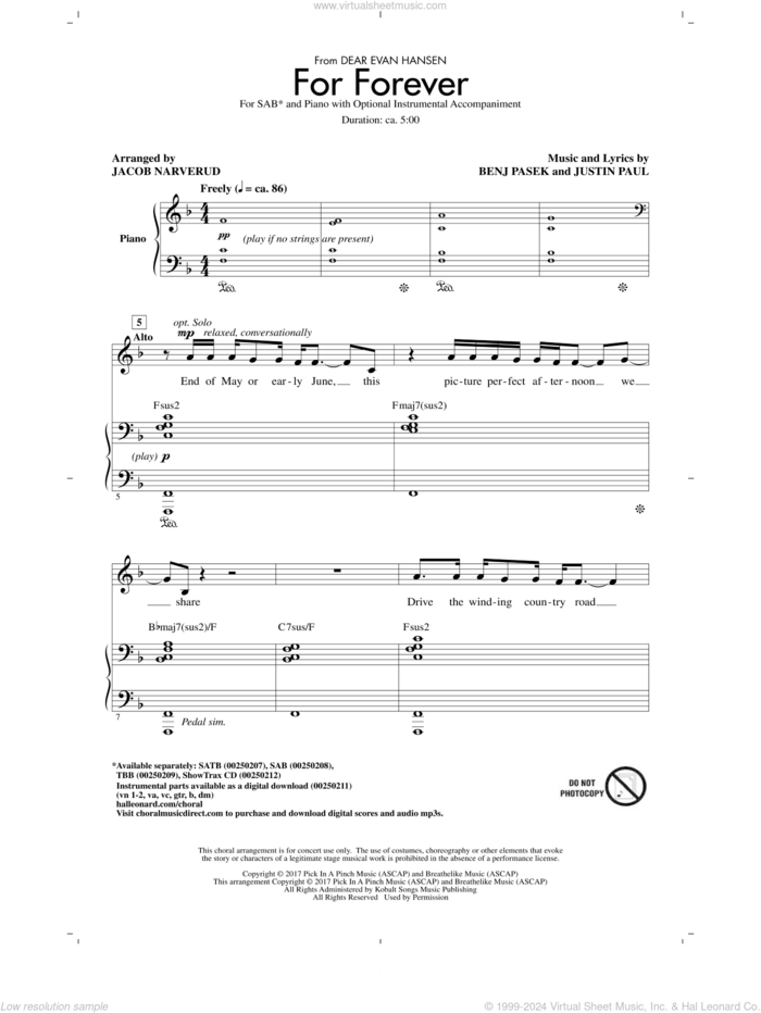 For Forever (from Dear Evan Hansen) (arr. Jacob Narverud) sheet music for choir (SAB: soprano, alto, bass) by Jacob Narverud, Pasek & Paul, Benj Pasek and Justin Paul, intermediate skill level