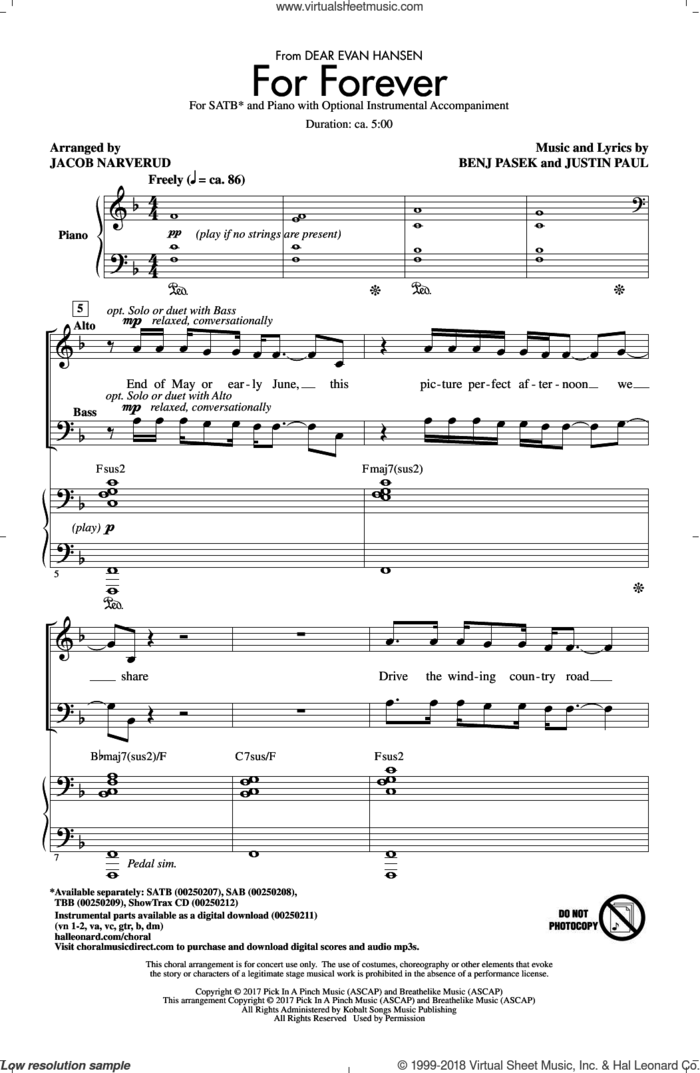 For Forever (from Dear Evan Hansen) (arr. Jacob Narverud) sheet music for choir (SATB: soprano, alto, tenor, bass) by Jacob Narverud, Pasek & Paul, Benj Pasek and Justin Paul, intermediate skill level