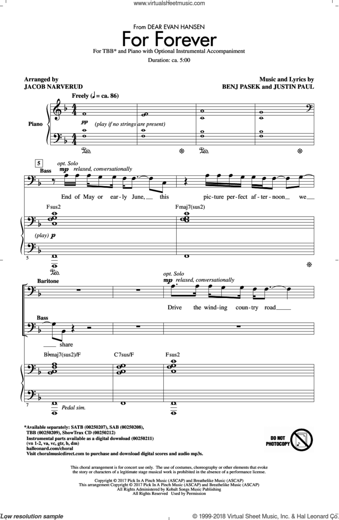 For Forever (from Dear Evan Hansen) (arr. Jacob Narverud) sheet music for choir (TBB: tenor, bass) by Benj Pasek, Jacob Narverud, Pasek & Paul and Justin Paul, intermediate skill level