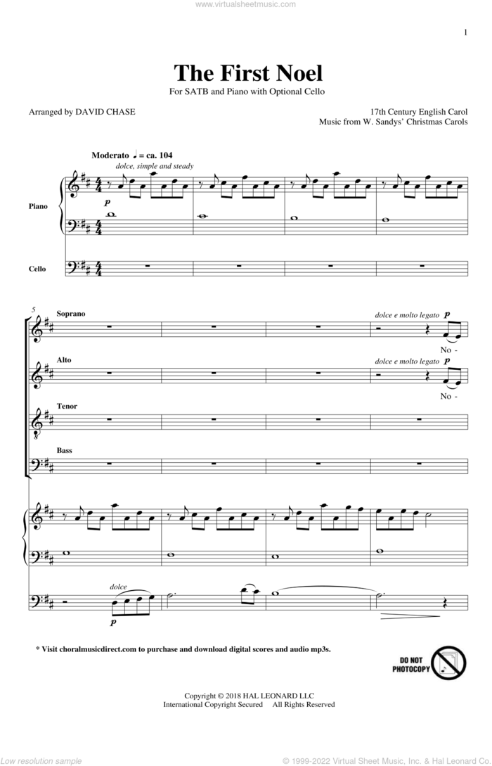 The First Noel sheet music for choir (SATB: soprano, alto, tenor, bass) by W. Sandys' Christmas Carols, David Chase and Miscellaneous, intermediate skill level