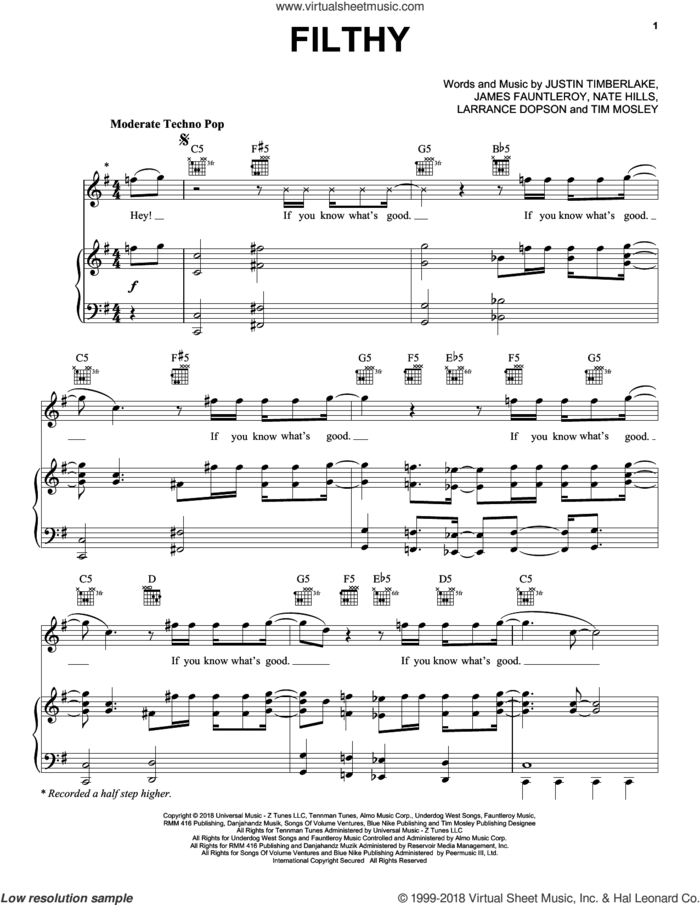 Filthy sheet music for voice, piano or guitar by Justin Timberlake, James Fauntleroy, Larrance Dopson, Nate Hills and Tim Mosley, intermediate skill level