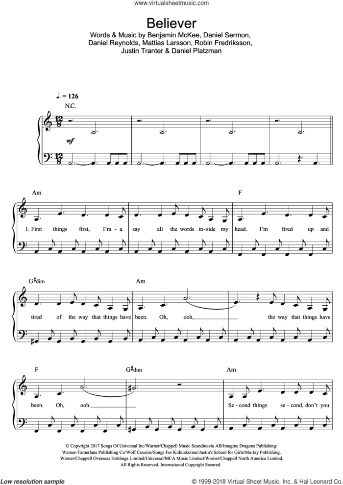 Pensionista estanque Tutor Dragons - Believer sheet music (easy version 2) for piano solo