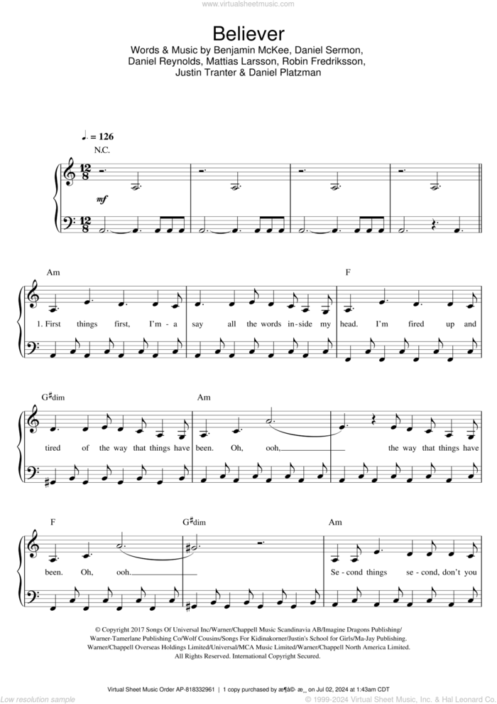 Dragons Believer Sheet Music Easy Version 2 For Piano Solo