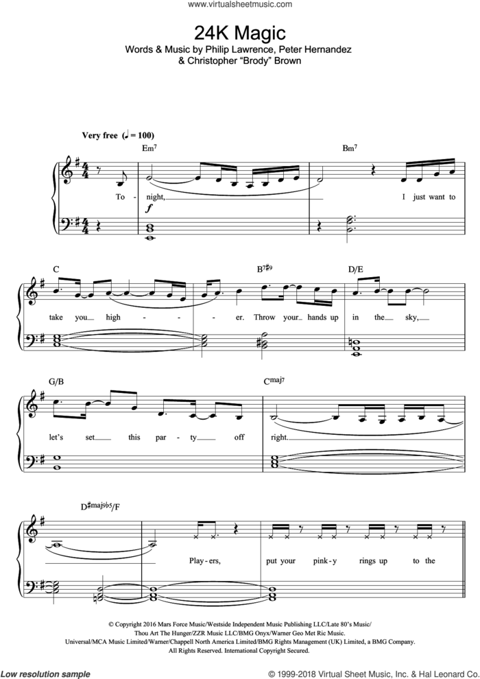 24K Magic sheet music for piano solo by Bruno Mars, Christopher 'Brody' Brown, Peter Hernandez and Philip Lawrence, easy skill level