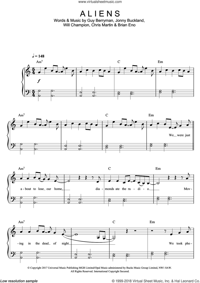 A L I E N S sheet music for piano solo by Coldplay, Brian Eno, Chris Martin, Guy Berryman, Jonathan Buckland and William Champion, easy skill level